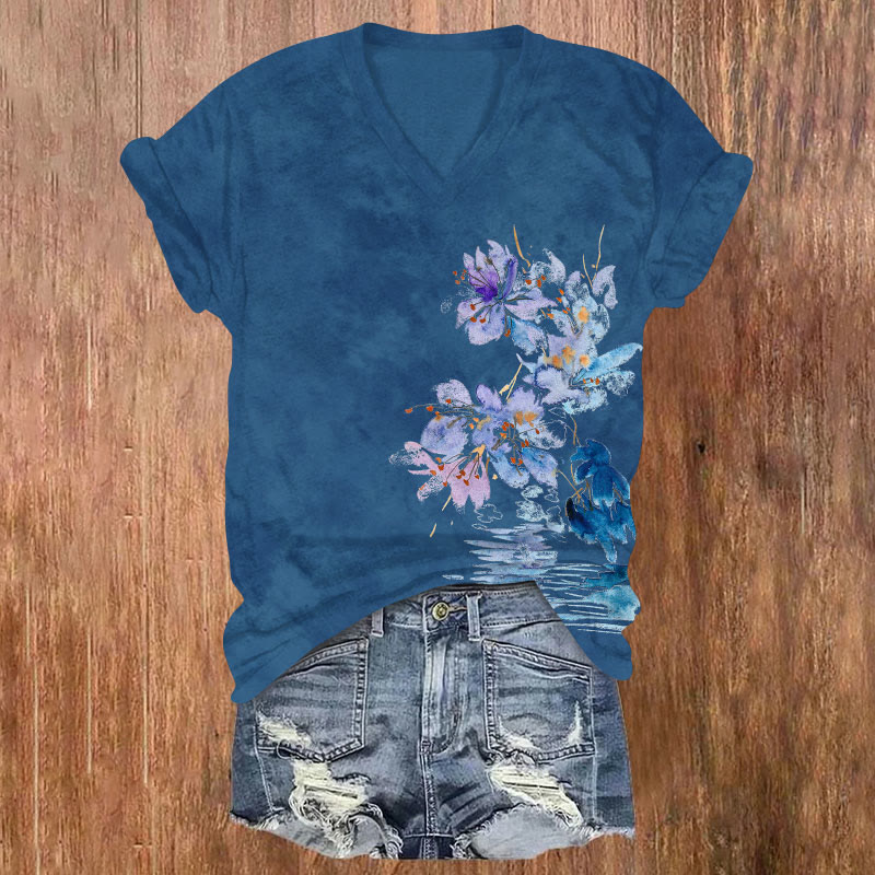 Watercolor Floral Print V-neck T-shirt - Navy Blue - US32-34(5XL) - image 1