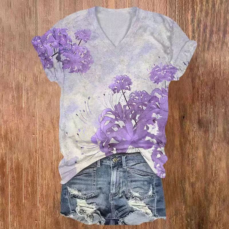 Watercolor Flower Print V-neck T-shirt - Light Purple - US32-34(5XL) - image 1