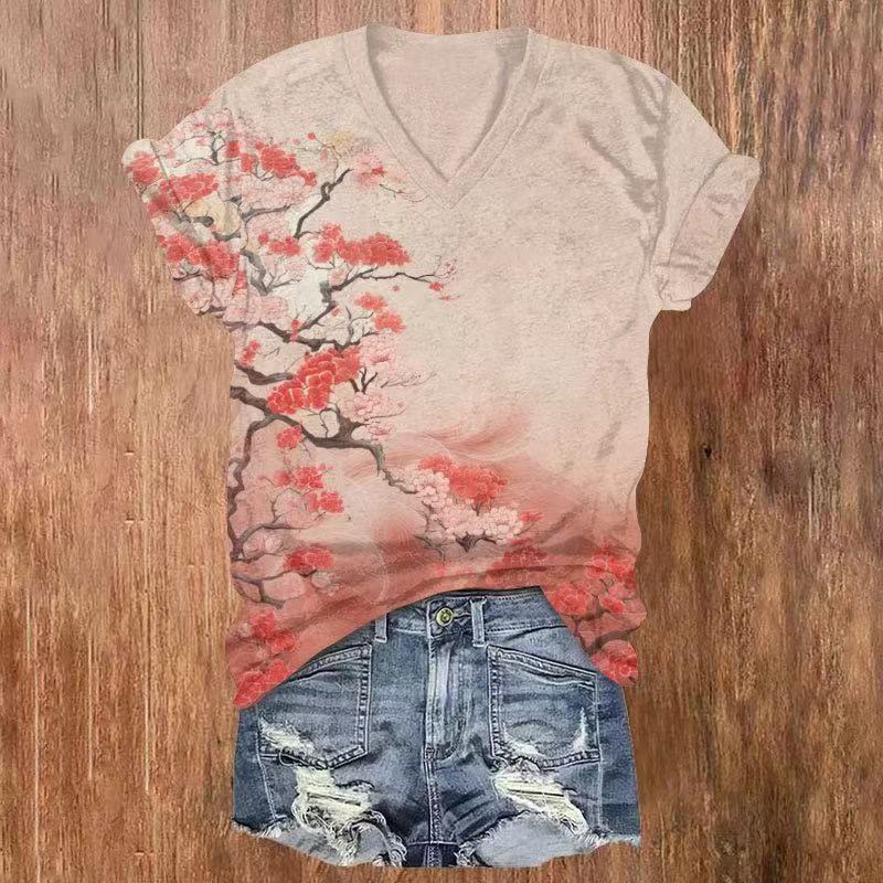 Watercolor Flower Print V-neck T-shirt - Orange - US32-34(5XL) - image 1