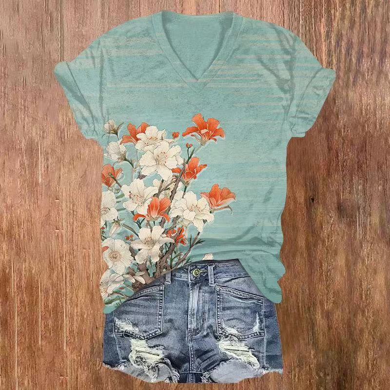 Watercolor Flower Print V-neck T-shirt - Light Green - US32-34(5XL) - image 1