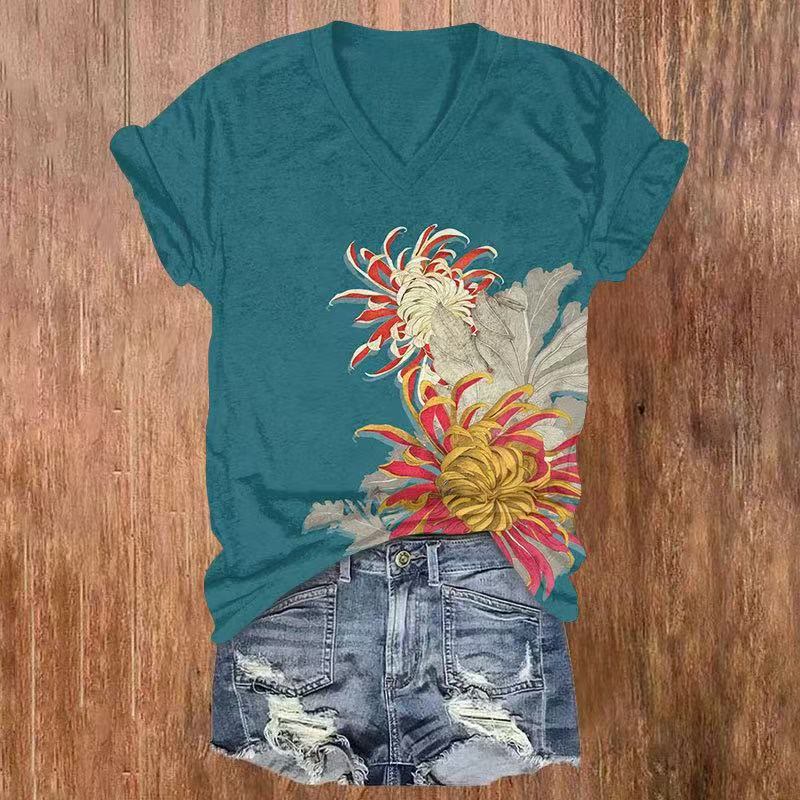 Art Flower Print V-neck T-shirt - Green - US32-34(5XL) - image 2