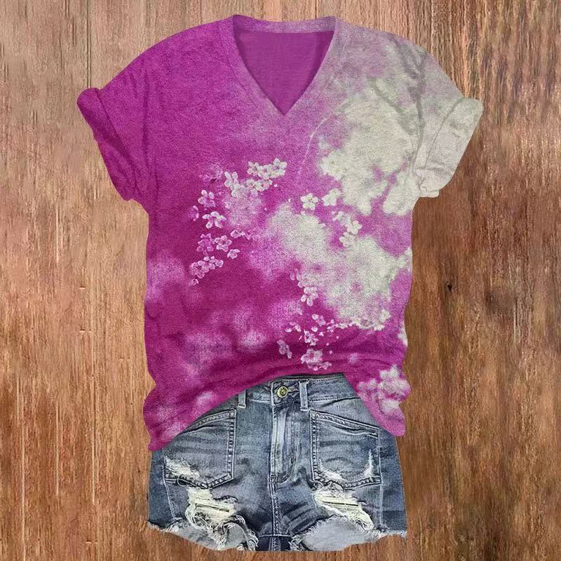 Watercolor Flower Print V-neck T-shirt - Rose - US32-34(5XL) - image 2