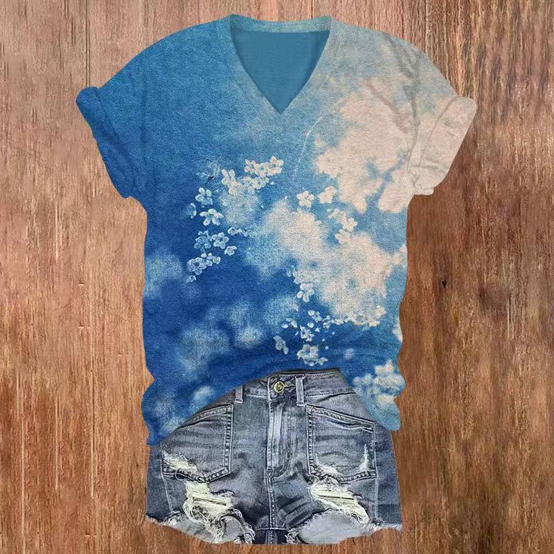 Watercolor Flower Print V-neck T-shirt - Lake Blue - US32-34(5XL) - image 3