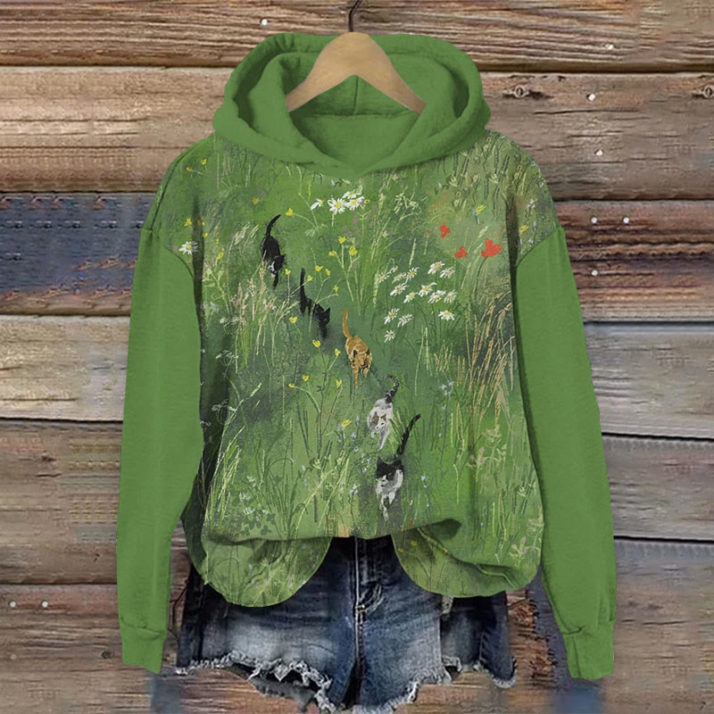 Cats In Flower Field Print Long Sleeve Hoodie - Green - US44-46(8XL) - image 1