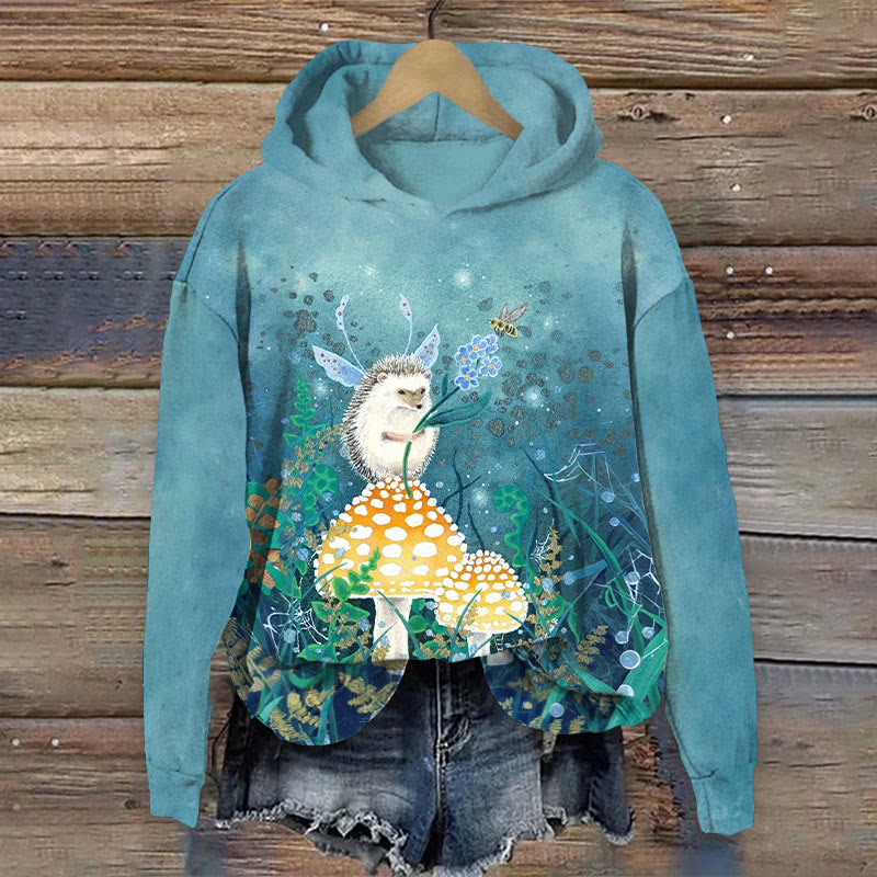 Hedgehog &  Mushroom Print Long Sleeve Hoodie - Blue - US44-46(8XL) - image 1