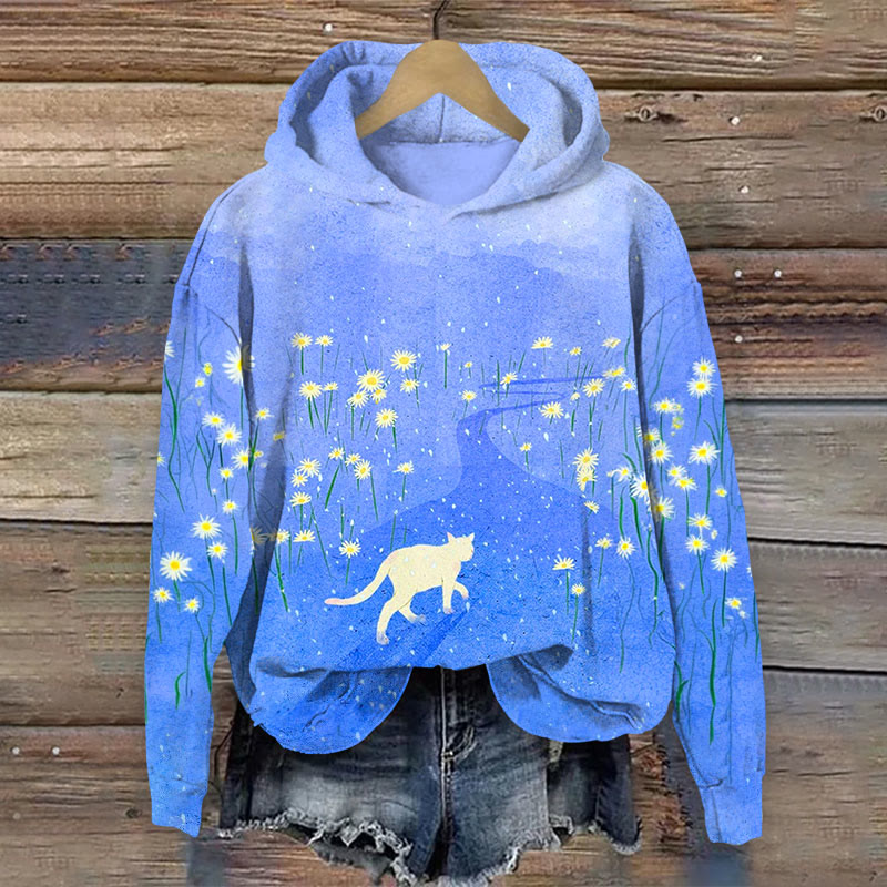 Cat & Floral  Print Long Sleeve Hoodie - Blue - US44-46(8XL) - image 2