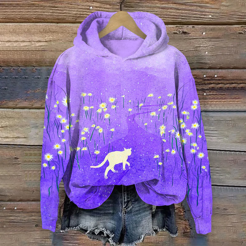 Cat & Floral  Print Long Sleeve Hoodie - Purple - US44-46(8XL) - image 3
