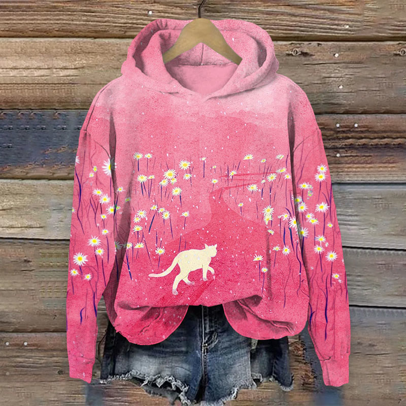 Cat & Floral  Print Long Sleeve Hoodie - Rose - US44-46(8XL) - image 1