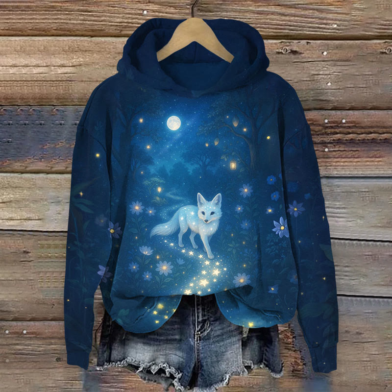 Fox At Night Print Long Sleeve Hoodie - Navy Blue - US44-46(8XL) - image 1