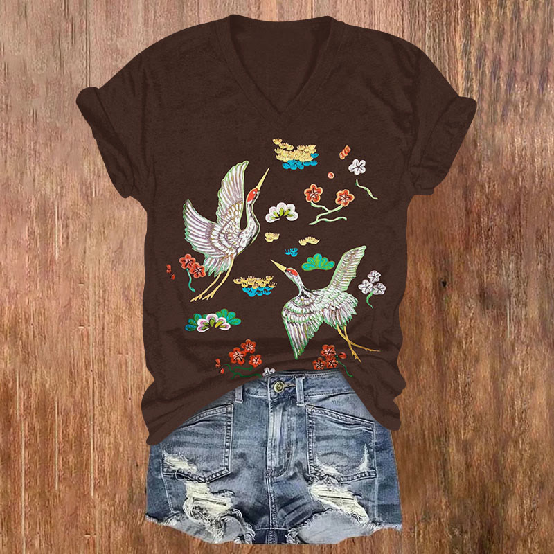 Crane & Floral  Print V-neck T-shirt - Coffee - US32-34(5XL) - image 1
