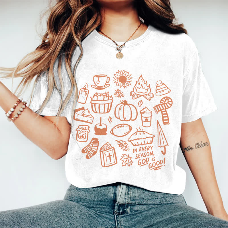 100% Cotton Women's In Every Season, God Is Good! Art Print Casual T-shirt - White - 2XL - image 2