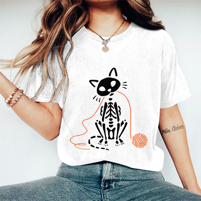 100% Cotton Women's Creative Skeleton Cat Playing Ball Of Yarn Art Print Casual T-shirt - White - 2XL - image 2