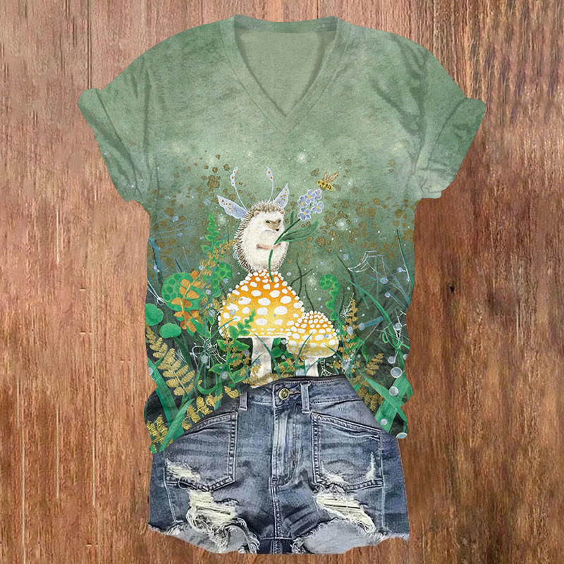 Hedgehog & Mushroom Print V-neck T-shirt - Light Green - US32-34(5XL) - image 2