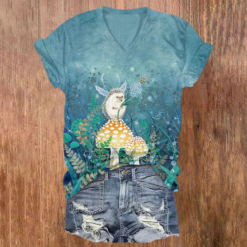 Hedgehog & Mushroom Print V-neck T-shirt - Blue - US32-34(5XL) - image 1