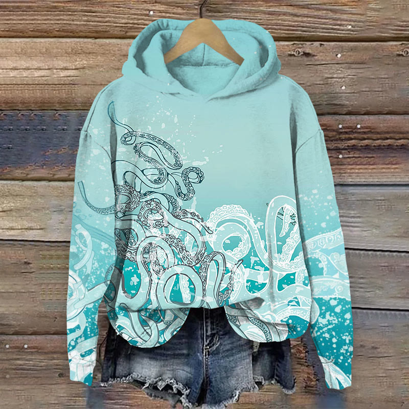 Octopus Print Long Sleeve Hoodie - Light Green - US44-46(8XL) - image 1