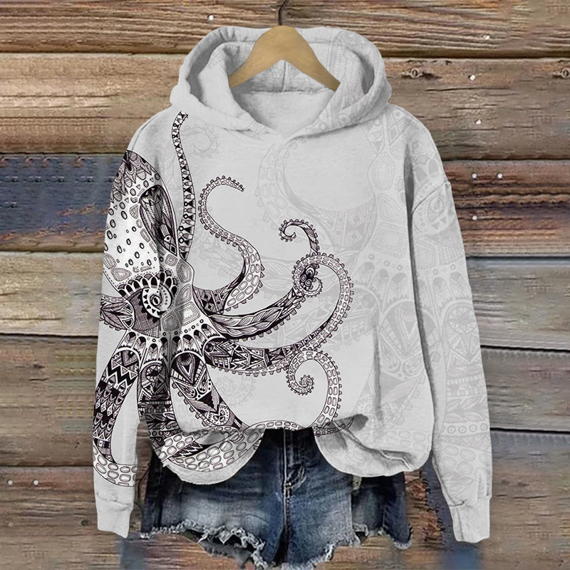 Octopus Print Long Sleeve Hoodie - Beige - US44-46(8XL) - image 1