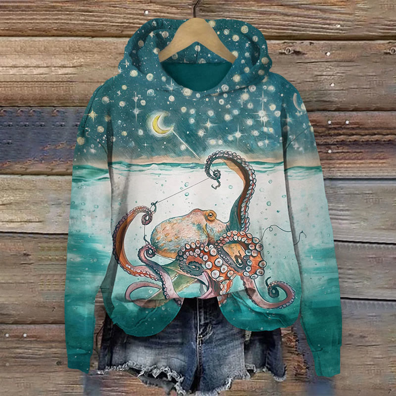 Octopus Print Long Sleeve Hoodie - Green - US44-46(8XL) - image 1
