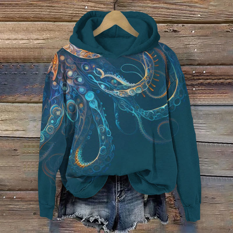 Octopus Print Long Sleeve Hoodie - Navy Blue - US44-46(8XL) - image 1