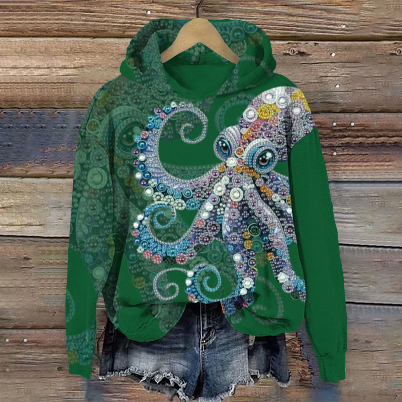Octopus Print Long Sleeve Hoodie - Dark Green - US44-46(8XL) - image 2