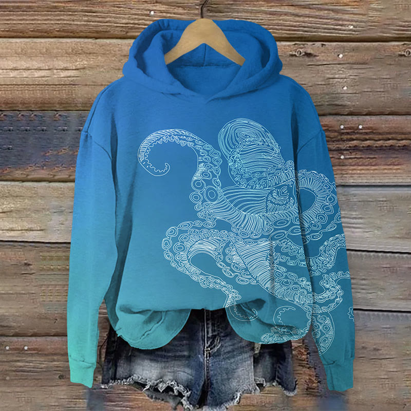 Octopus Print Long Sleeve Hoodie - Blue - US44-46(8XL) - image 1