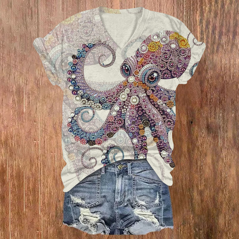 Octpus Print V-neck T-shirt - Beige - US32-34(5XL) - image 1