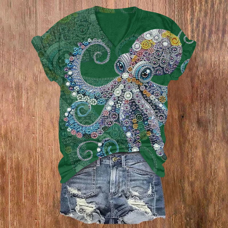 Octpus Print V-neck T-shirt - Dark Green - US32-34(5XL) - image 4