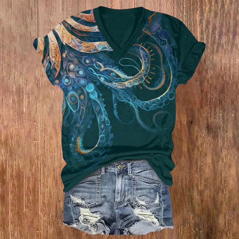 Octpus Print v-neck T-Shirt - Dark Green - US32-34(5XL) - image 2
