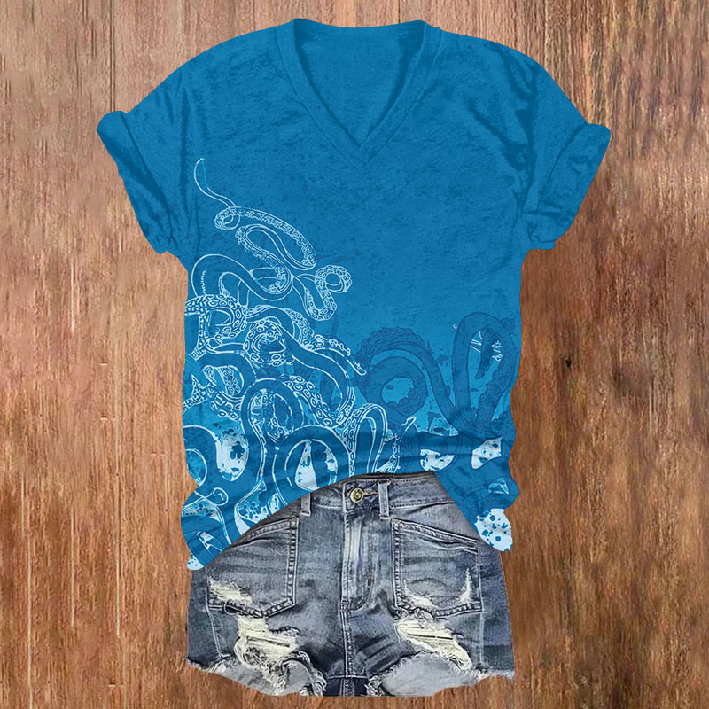 Octpus Print V-neck T-shirt - Blue - US32-34(5XL) - image 2