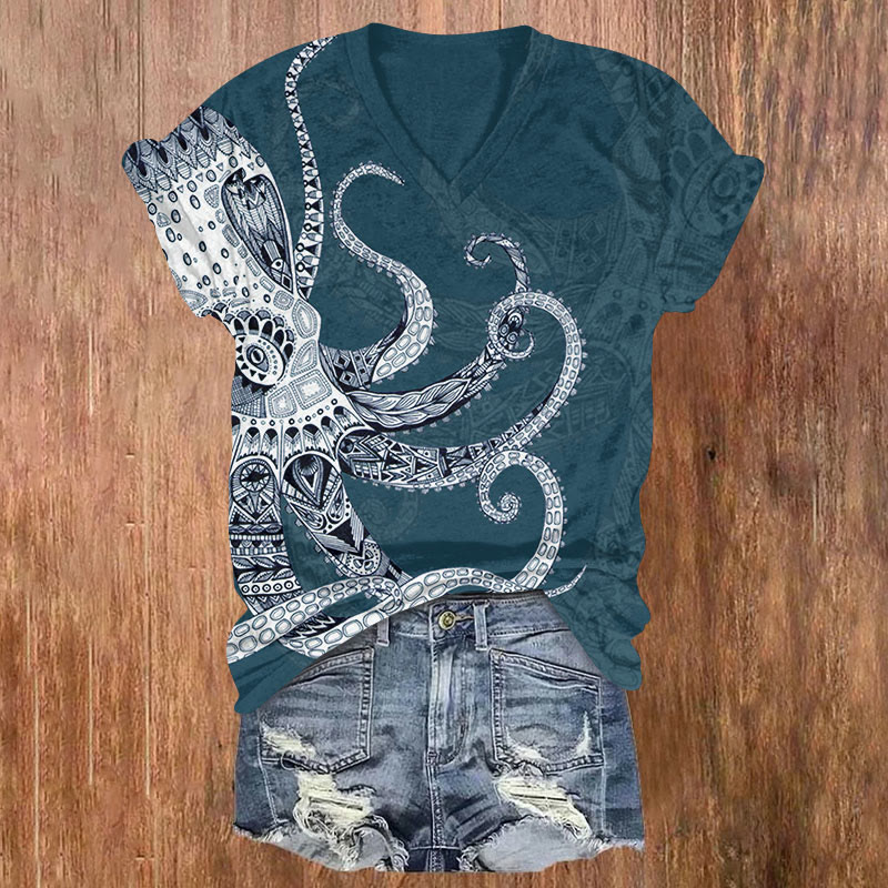 Octpus Print V-neck T-shirt - Lake Blue - US32-34(5XL) - image 2