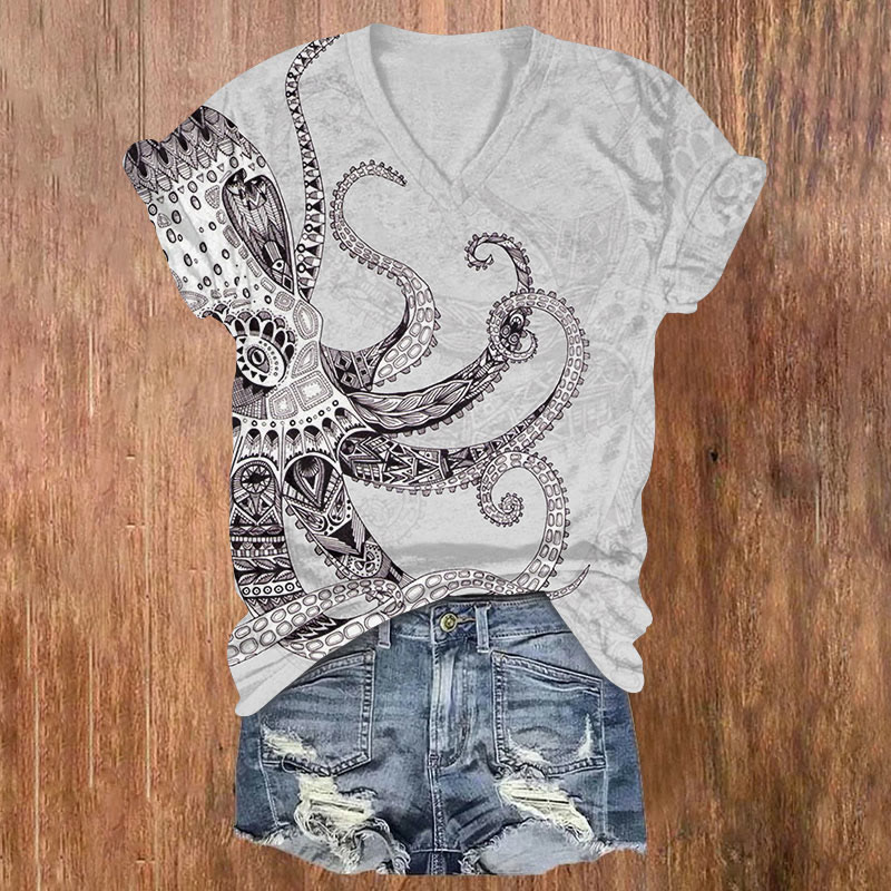 Octpus Print V-neck T-shirt - Beige - US32-34(5XL) - image 1