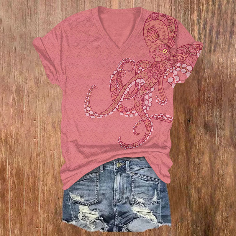 Octpus Print V-neck T-shirt - Dark Pink - Blue - image 2