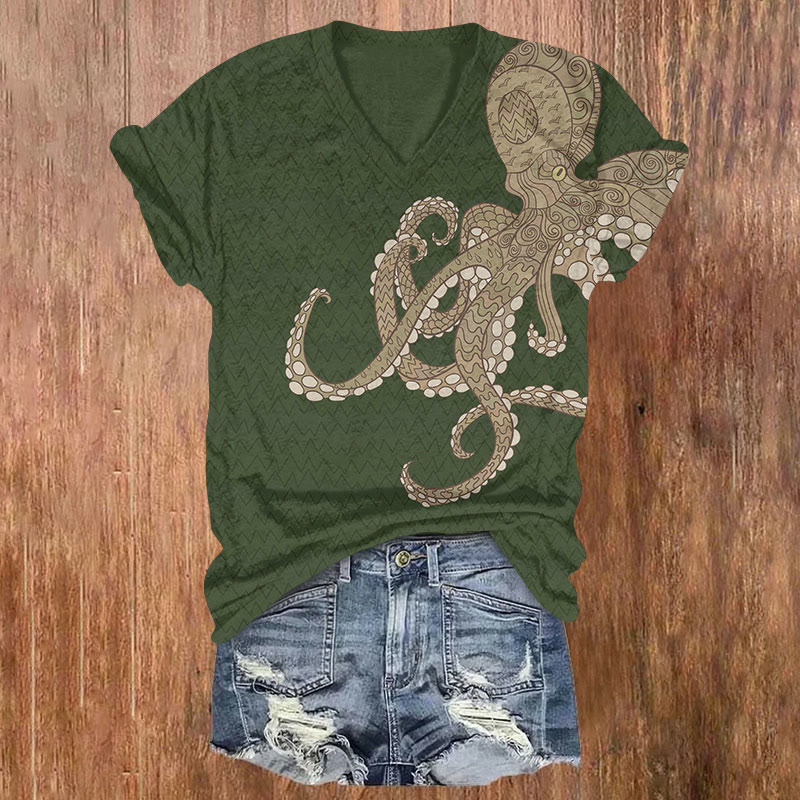 Octpus Print V-neck T-shirt - Olive Green - Blue - image 1