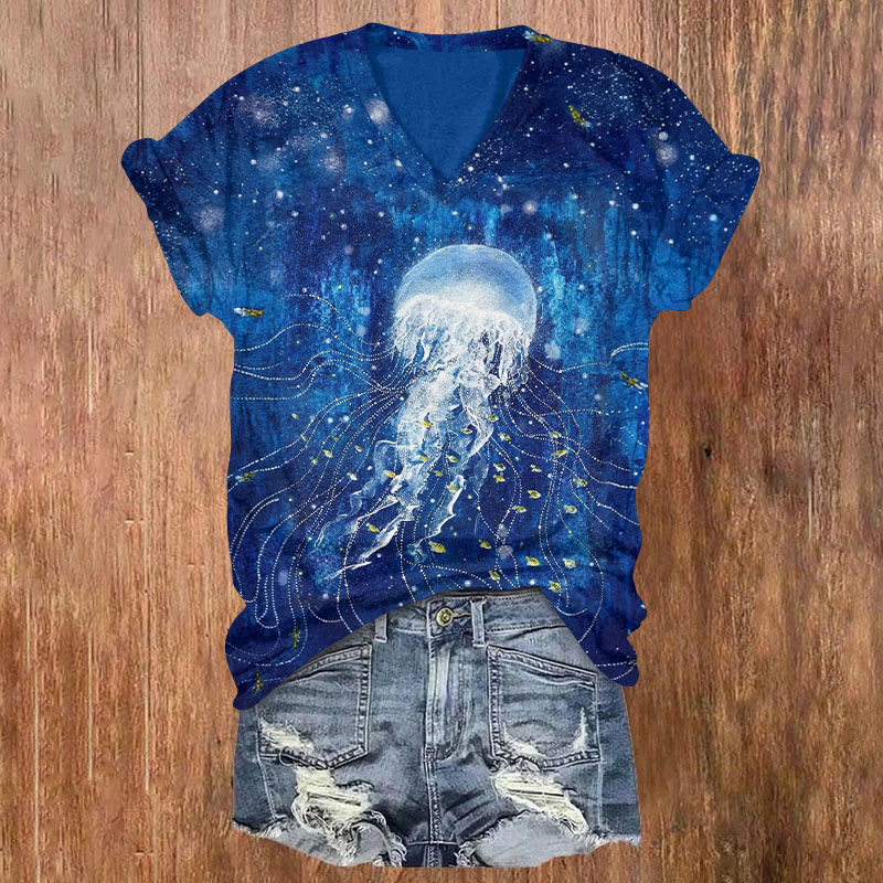Jellyfish Print V-neck T-shirt - Blue - US32-34(5XL) - image 1