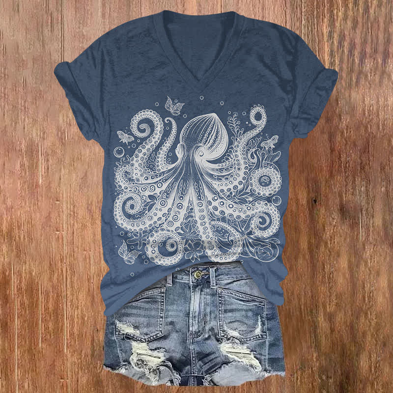 Vintage Watercolor Octopus Surrounded By Butterfly Print V-neck T-shirt - Grey - US32-34(5XL) - image 2