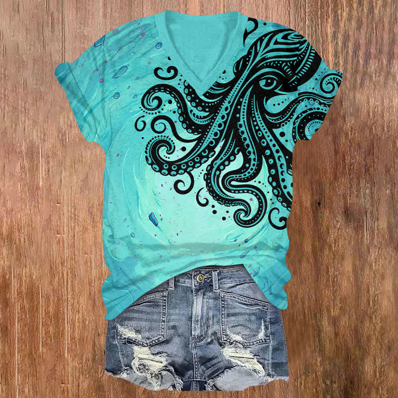 Vintage Ink Watercolor Octopus Art Print V-neck T-shirt - Lake Blue - US32-34(5XL) - image 2