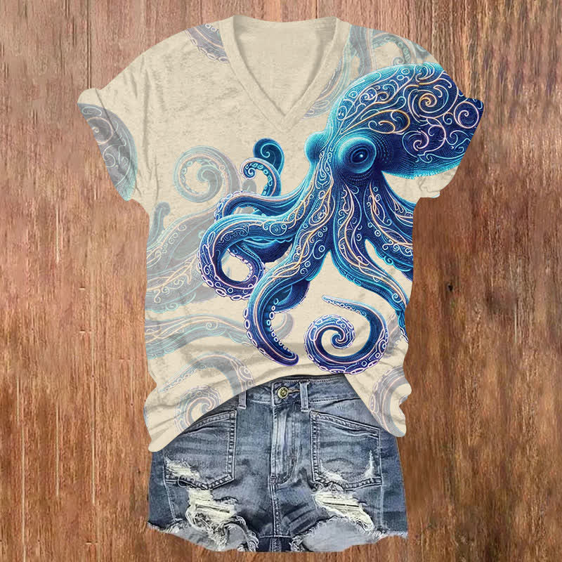 Vintage Wise Ocean Octopus Print V-neck T-shirt - Apricot - US32-34(5XL) - image 1