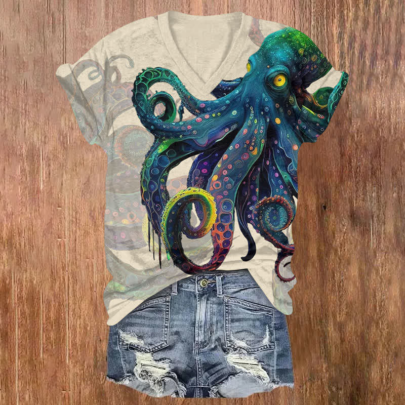 Vintage Colorful Shocking Octopus Print V-neck T-shirt - Apricot - US32-34(5XL) - image 2