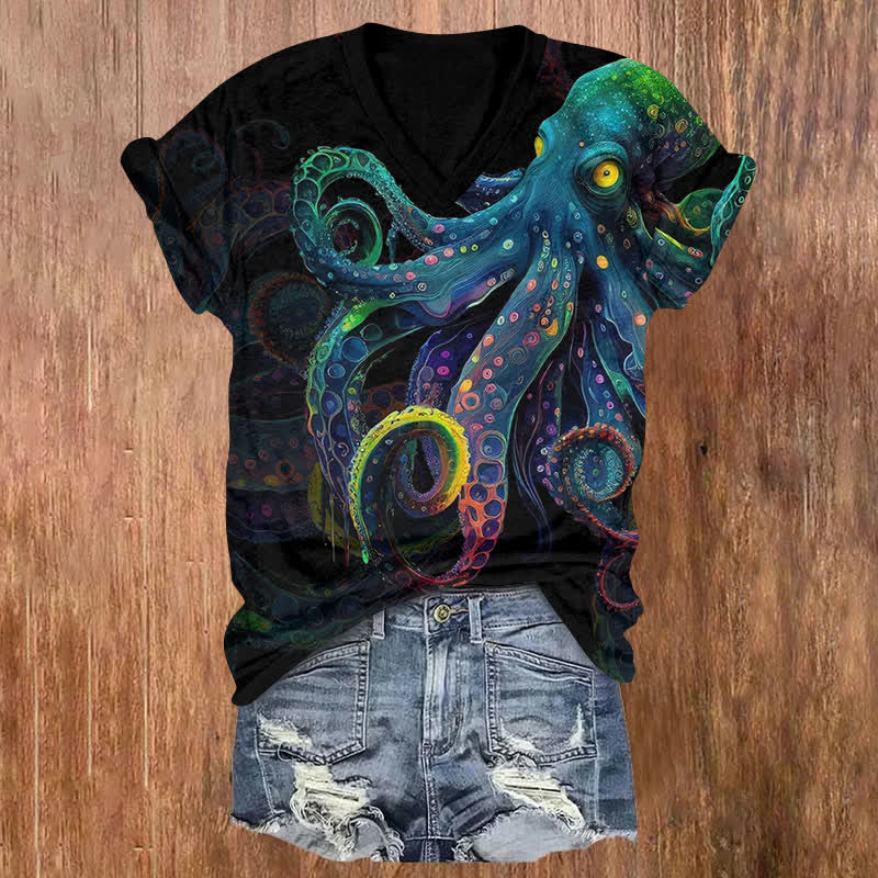 Vintage Colorful Shocking Octopus Print V-neck T-shirt - Black - US32-34(5XL) - image 1