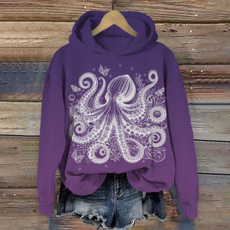 Vintage Watercolor Octopus Surrounded By Butterfly Print Long Sleeve Hoodie - Purple - 8XL - image 2