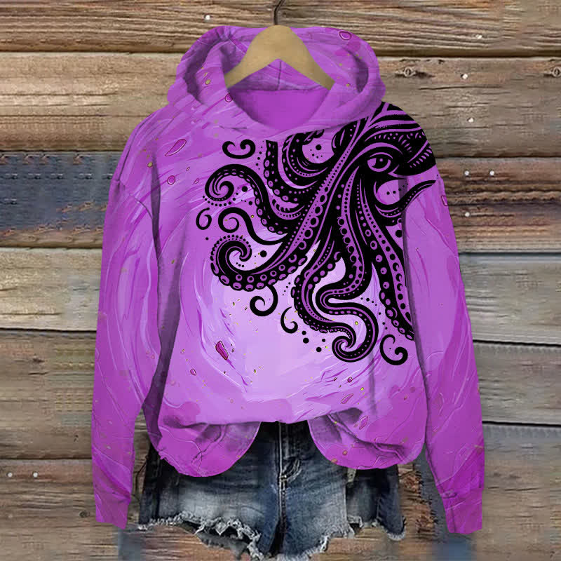 Vintage Ink Watercolor Octopus Art Print Long Sleeve Hoodie - Purple - 8XL - image 2