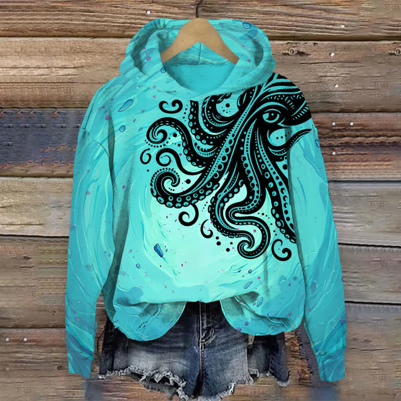 Vintage Ink Watercolor Octopus Art Print Long Sleeve Hoodie - Lake Blue - 8XL - image 1
