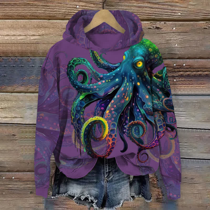 Vintage Colorful Shocking Octopus Print Long Sleeve Hoodie - Purple - 8XL - image 2