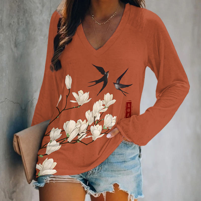 Japanese Vintage Swallow & Pear Blossom Print Long Sleeve T-shirt - Red - 5XL - image 1