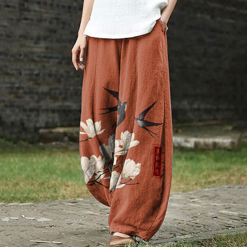 Japanese Vintage Swallow & Pear Blossom Art Print Casual Pants - Red - US18(5XL) - image 2