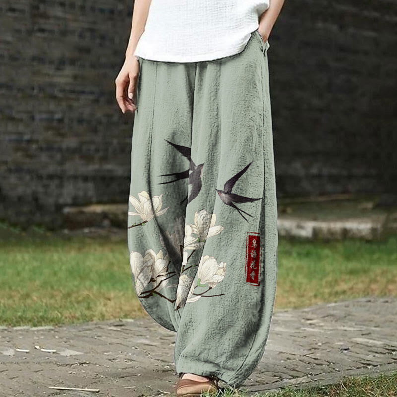 Japanese Vintage Swallow & Pear Blossom Art Print Casual Pants - Green - US18(5XL) - image 1