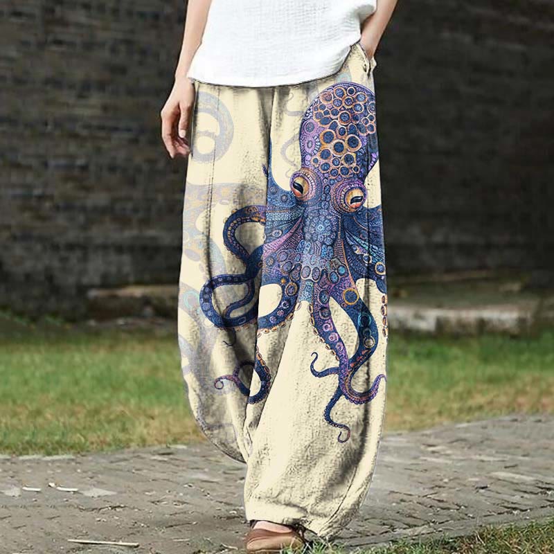 Unique Exquisite Octopus Pattern Print Casual Pants - Apricot - US18(5XL) - image 1