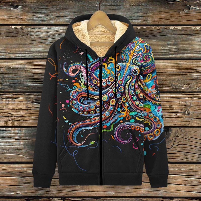 Vintage Rainbow Octopus Art Print Print Fleece Jacket - Black - 4XL - image 7