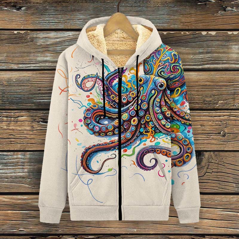 Vintage Rainbow Octopus Art Print Print Fleece Jacket - Apricot - 4XL - image 1