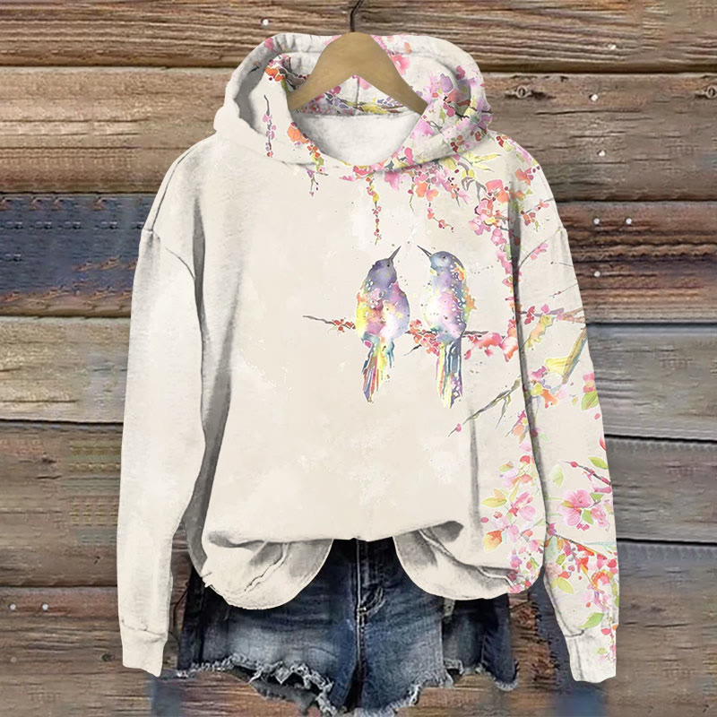 Watercolor Swallow & Floral Print Long Sleeve Hoodie - Beige - US44-46(8XL) - image 1