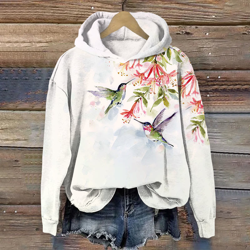 Watercolor Swallow & Floral Print Long Sleeve Hoodie - Beige - US44-46(8XL) - image 1